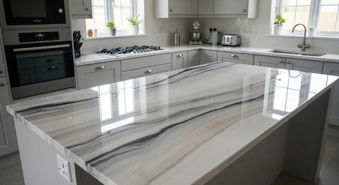 A custom epoxy countertop with a marbled, glossy finish.
